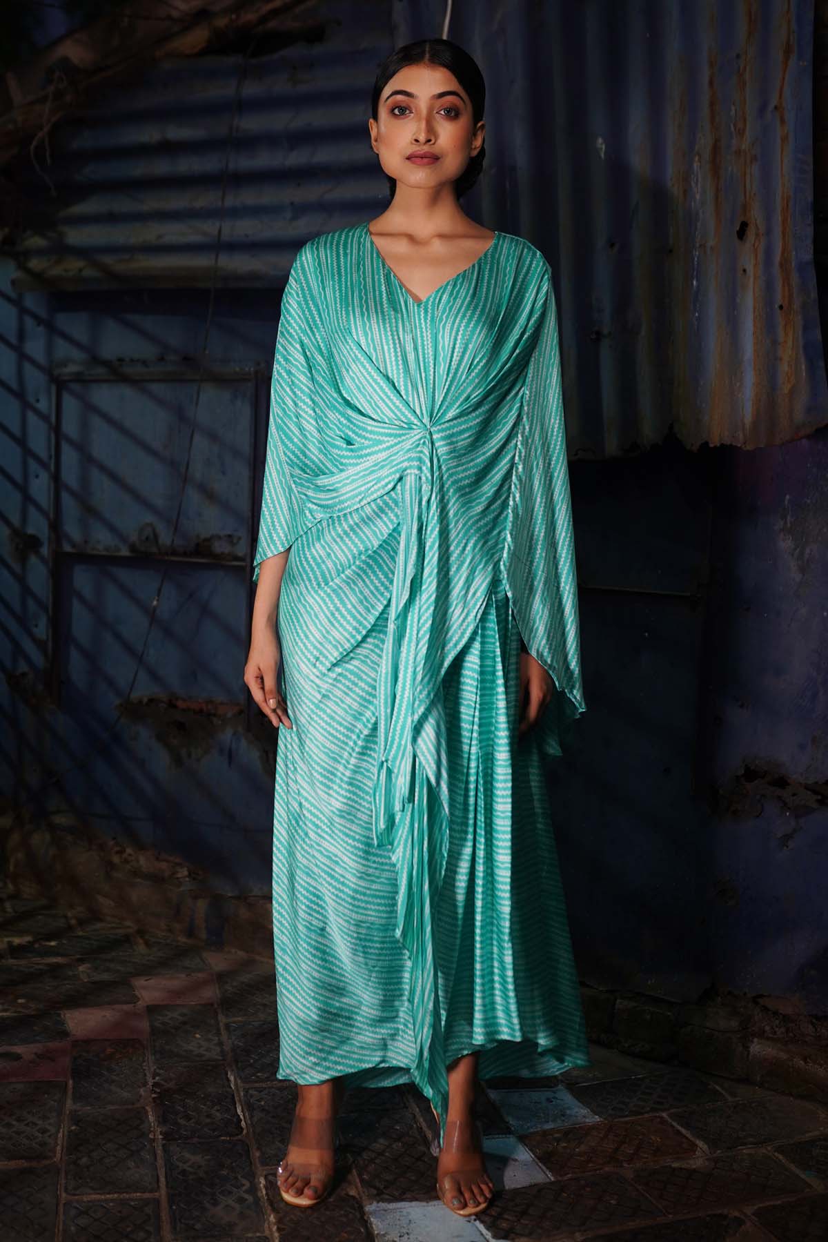 Buy Anamika Khandelwal Aqua Blue Silk Dress With Cape For Women